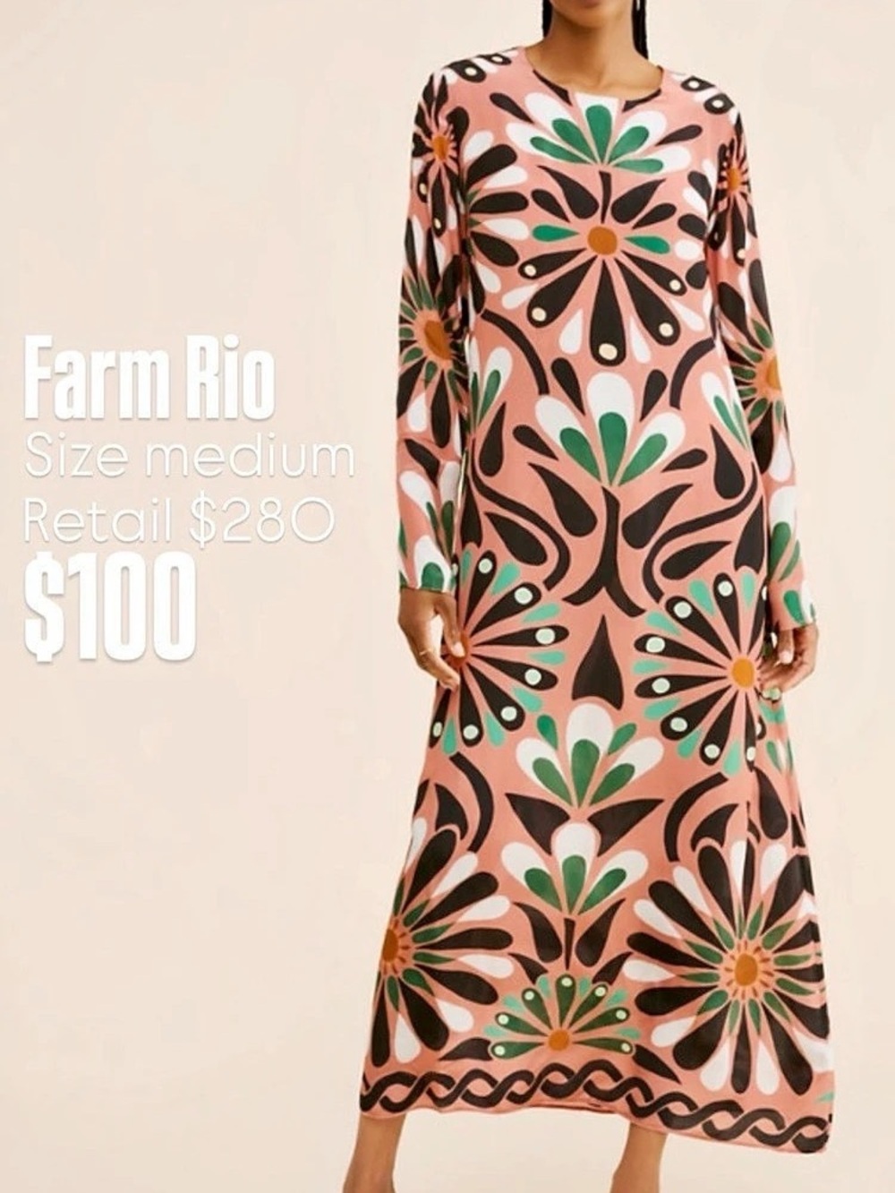 Farm Rio Ainika Flowers Long Sleeve Maxi Dress Pink & Green Medium